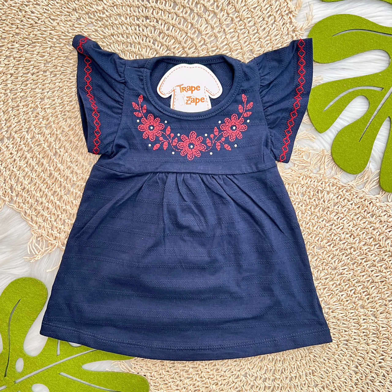 Vestido com Flores Vermelhas - Marinho 